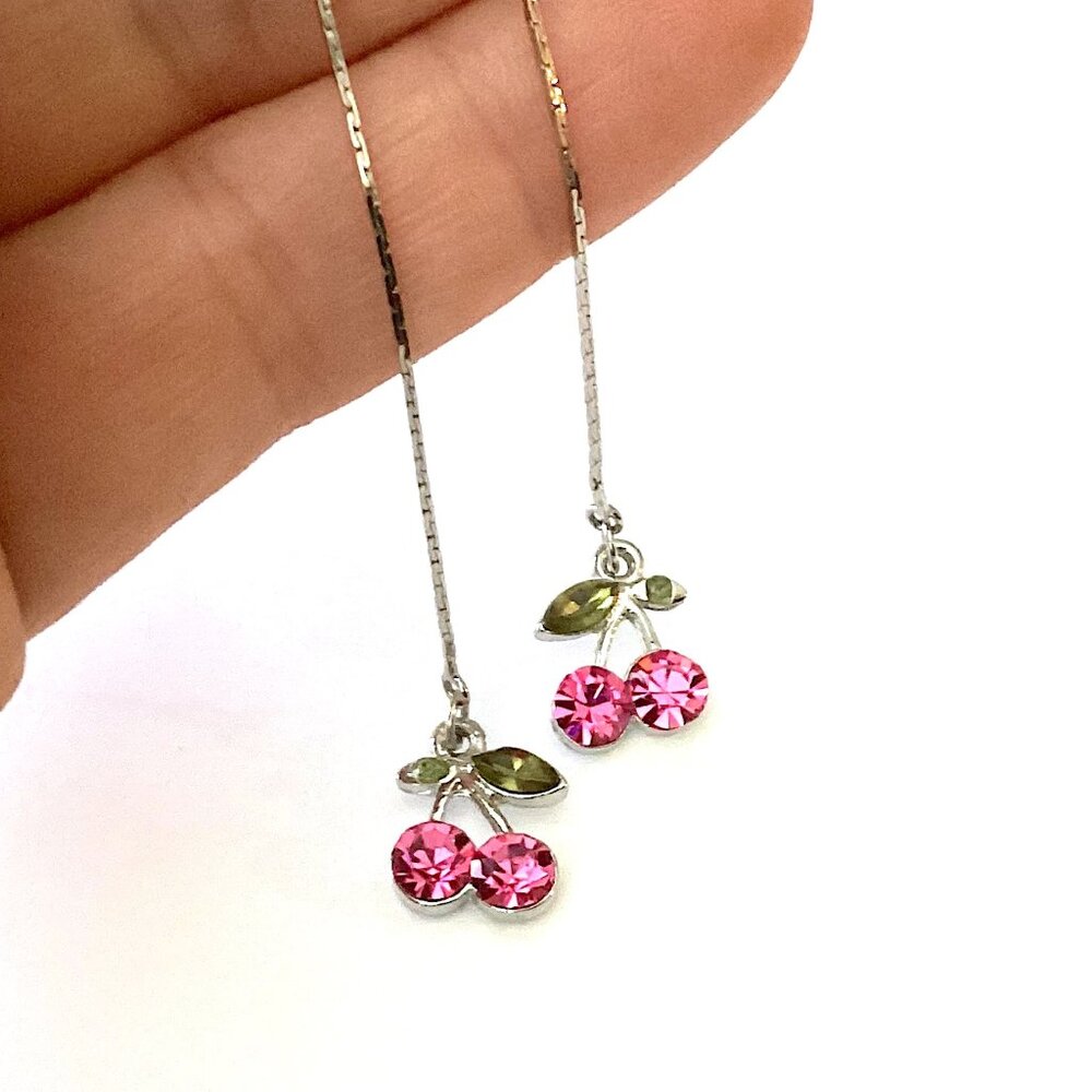 Vintage Cherry Earrings with Silver Dangle, Duster Earrings Pink Retro Unique